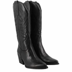 Stivale Texano Da Donna In Pelle Nera Con Ricamo