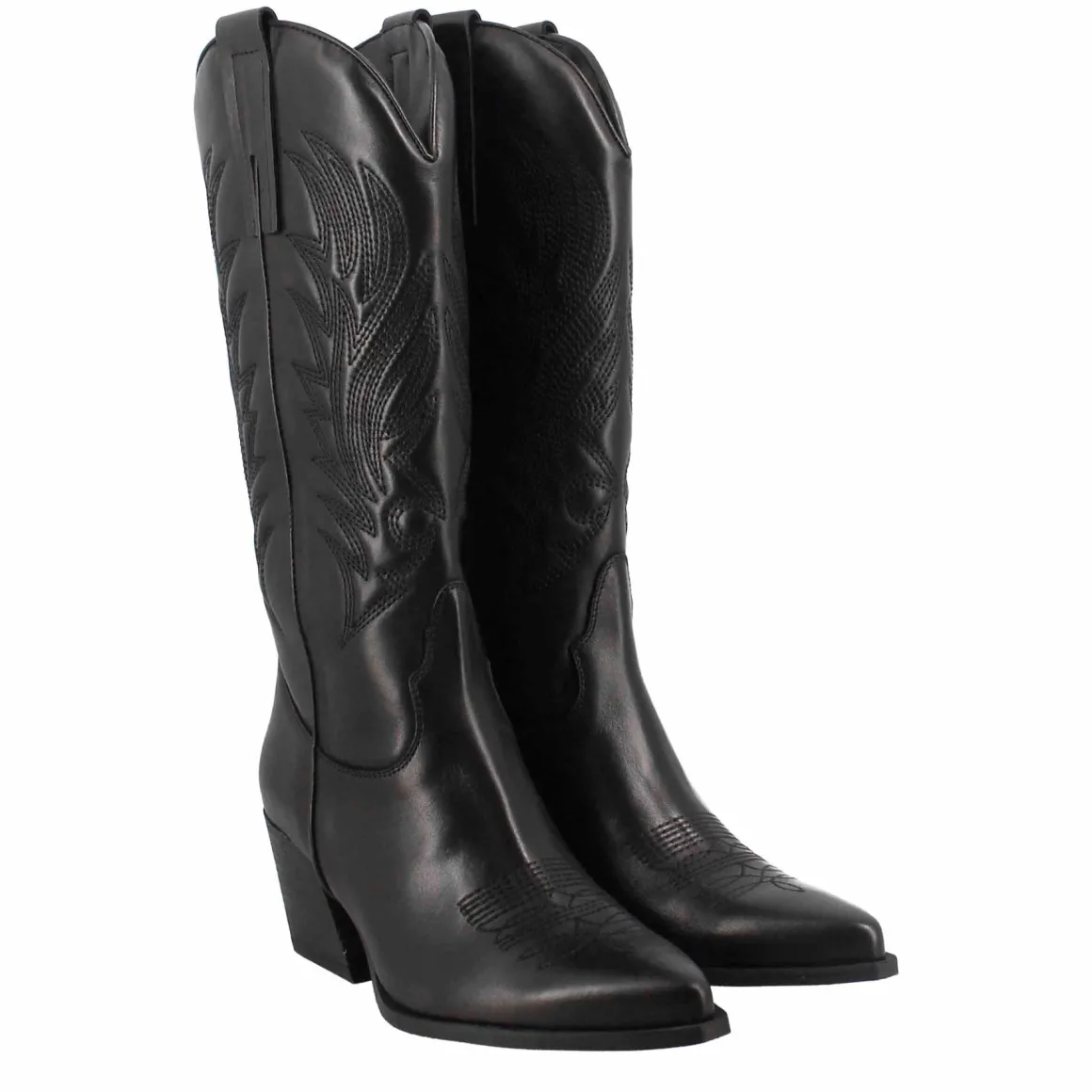 Stivale Texano Da Donna In Pelle Nera Con Ricamo