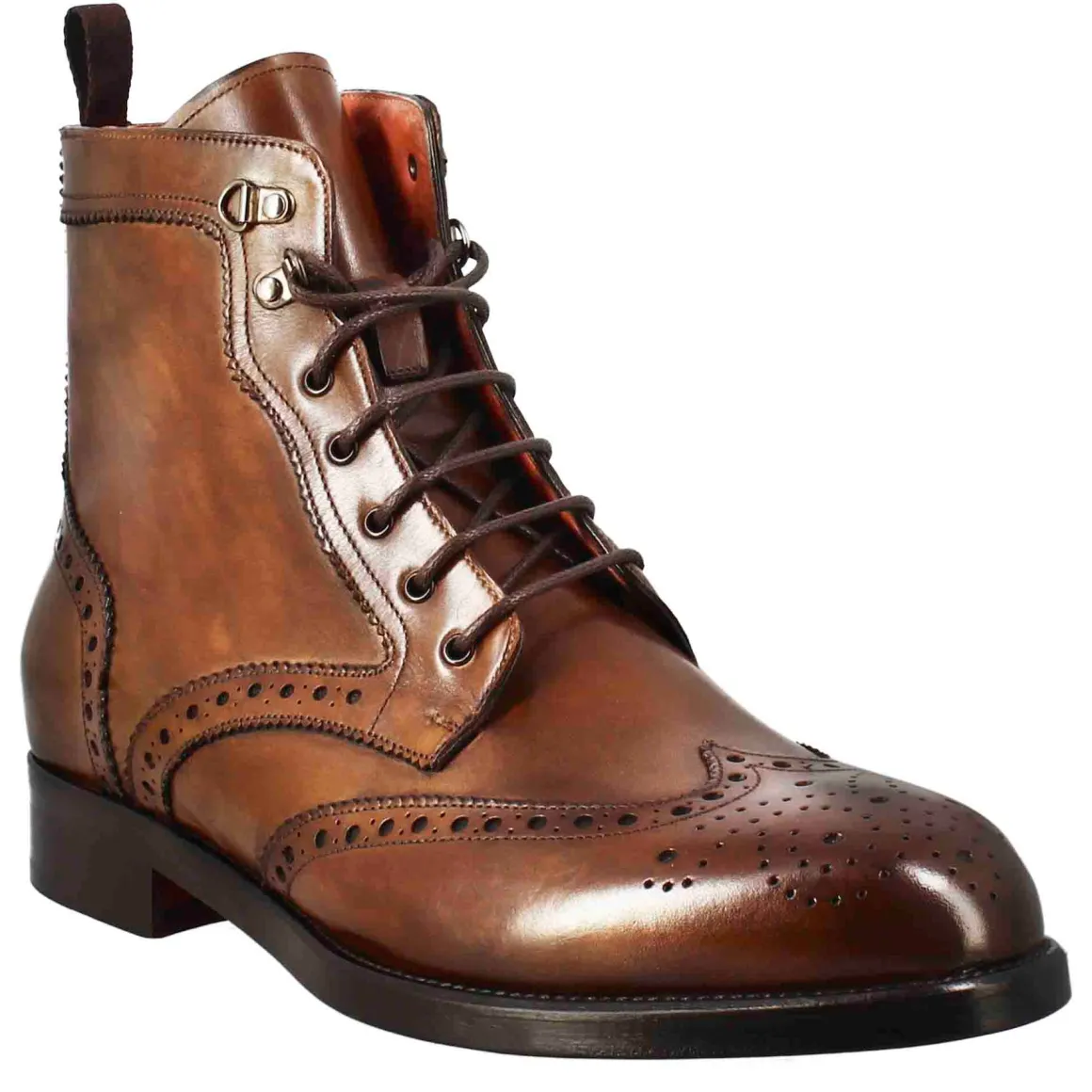Stivaletto Anfibio Alto Con Lavorazione Brogue Da Uomo In Pelle Colore Cuoio