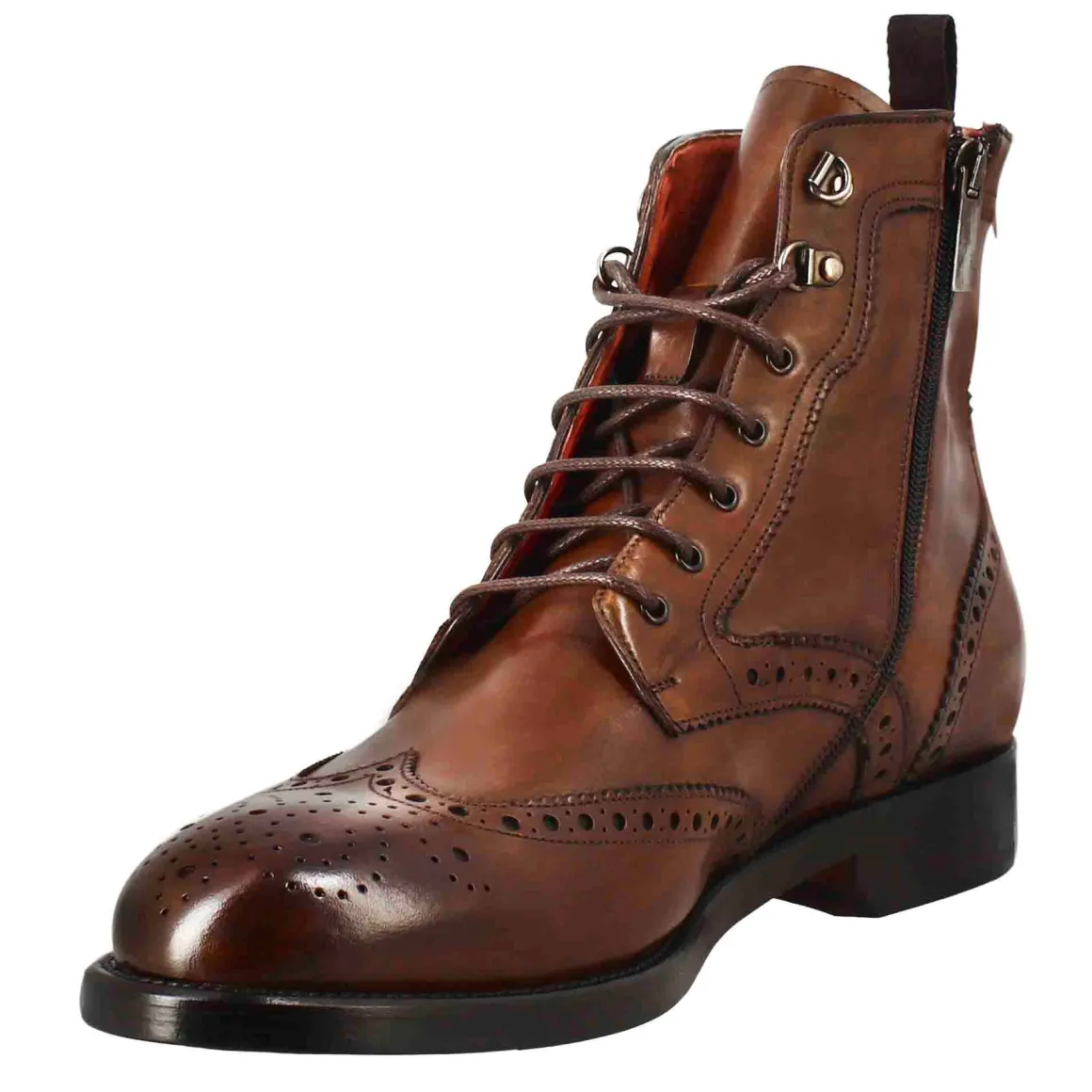 Stivaletto Anfibio Alto Con Lavorazione Brogue Da Uomo In Pelle Colore Cuoio