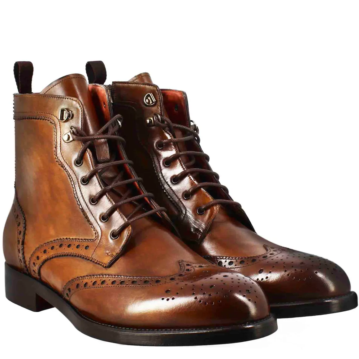 Stivaletto Anfibio Alto Con Lavorazione Brogue Da Uomo In Pelle Colore Cuoio