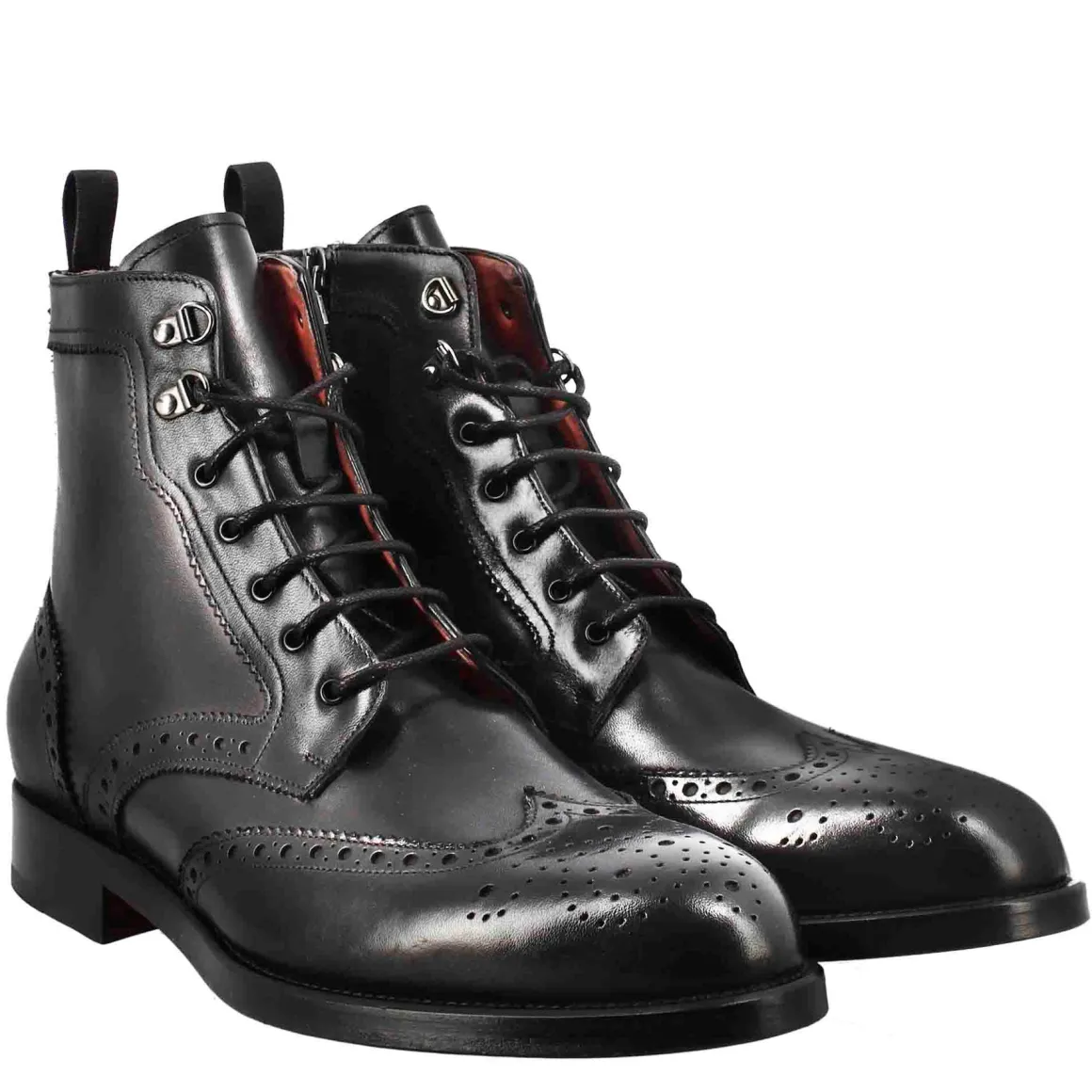 Stivaletto Anfibio Alto Con Lavorazione Brogue Da Uomo In Pelle Colore Nero