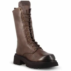Stivaletto Anfibio Da Donna In Vera Pelle Colore Marrone Scuro Con Allacciatura
