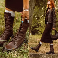 Stivaletto Anfibio Da Donna In Vera Pelle Colore Marrone Scuro Con Allacciatura