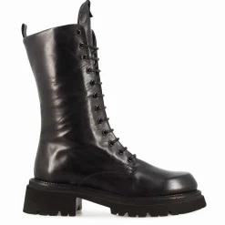 Stivaletto Anfibio Da Donna In Vera Pelle Colore Nero Con Allacciatura
