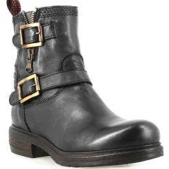 Stivaletto Da Donna Con Doppia Fibbia In Vera Pelle Colore Nero
