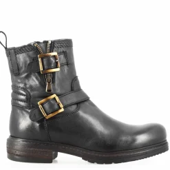 Stivaletto Da Donna Con Doppia Fibbia In Vera Pelle Colore Nero