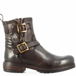 Stivaletto Da Donna Con Doppia Fibbia In Vera Pelle Colore Marrone Scuro