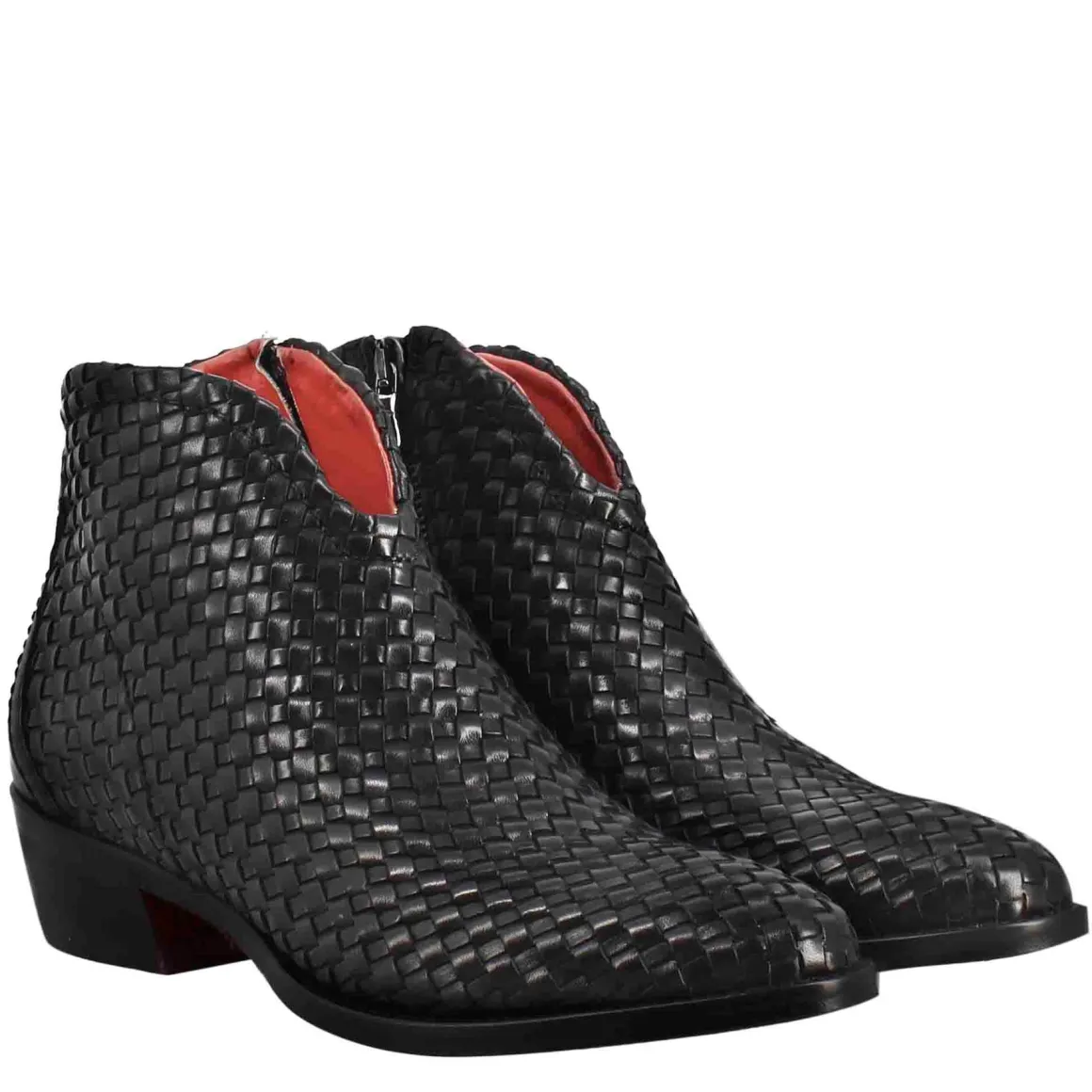 Stivaletto Da Donna Con Tacco Medio In Pelle Intrecciata Colore Nero