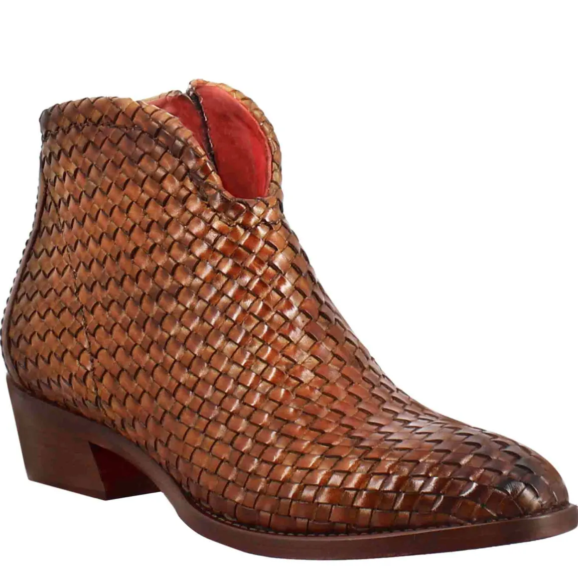 Stivaletto Da Donna Con Tacco Medio In Pelle Intrecciata Colore Marrone Chiaro