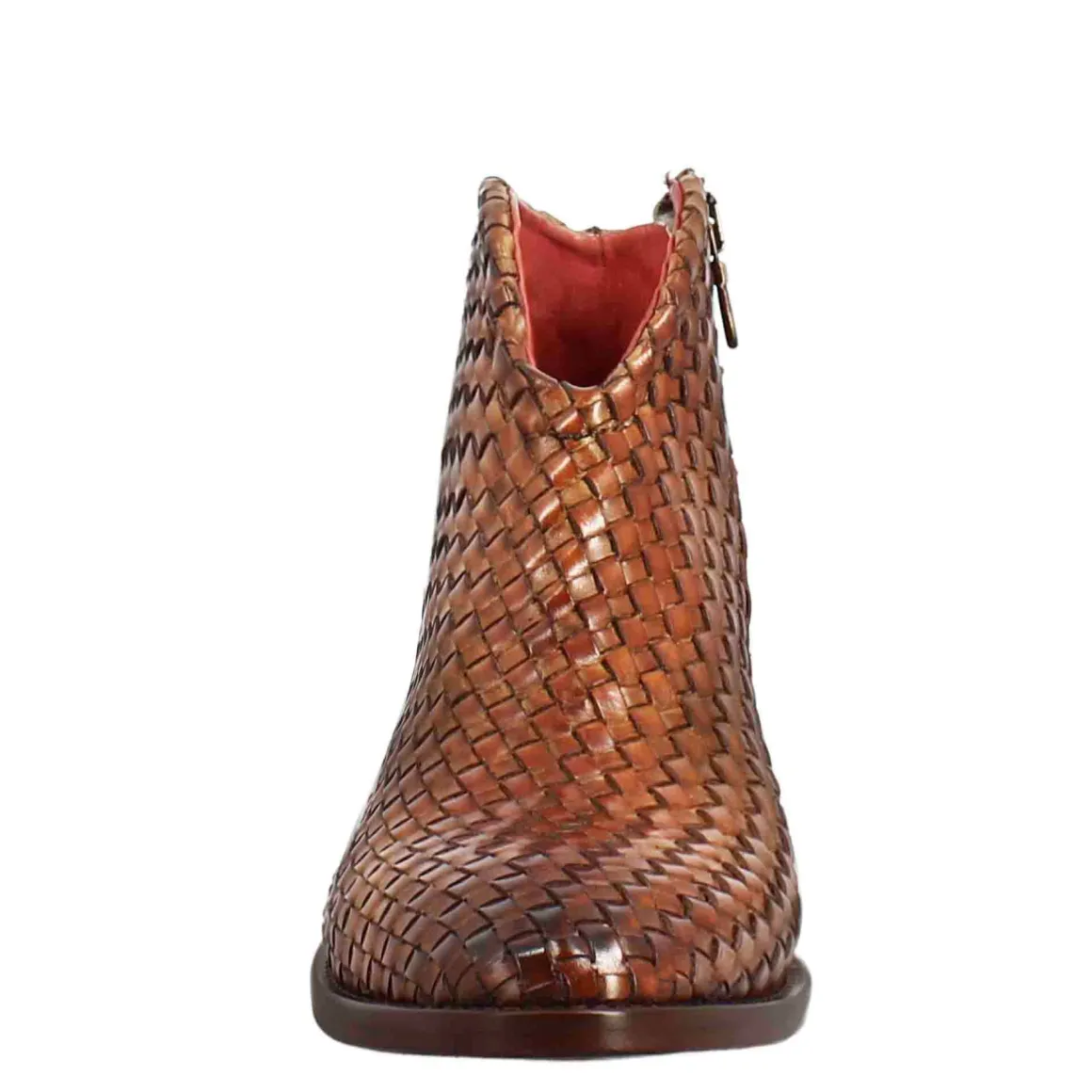 Stivaletto Da Donna Con Tacco Medio In Pelle Intrecciata Colore Marrone Chiaro