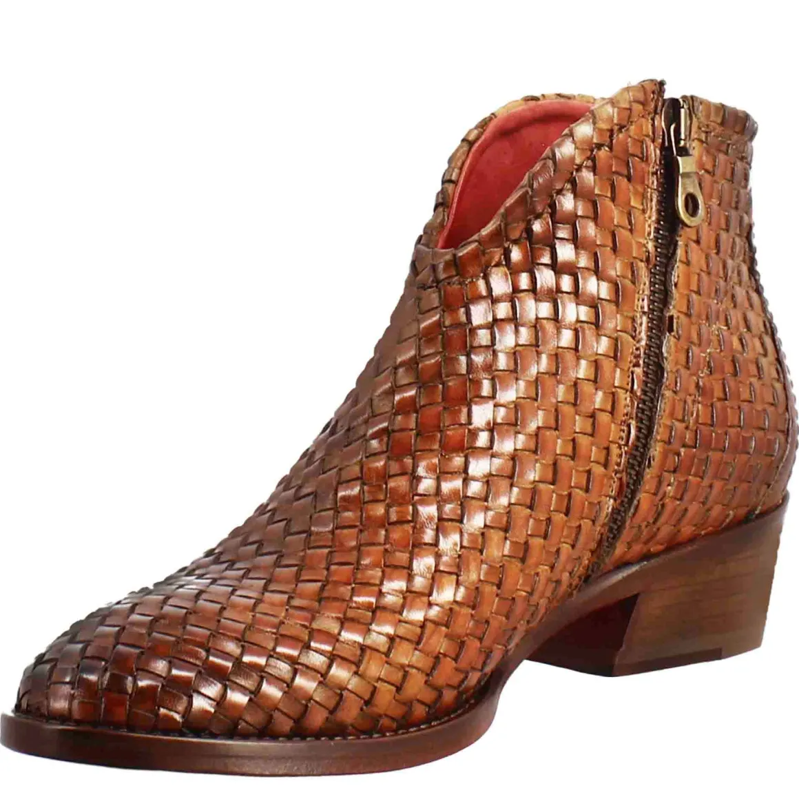 Stivaletto Da Donna Con Tacco Medio In Pelle Intrecciata Colore Marrone Chiaro