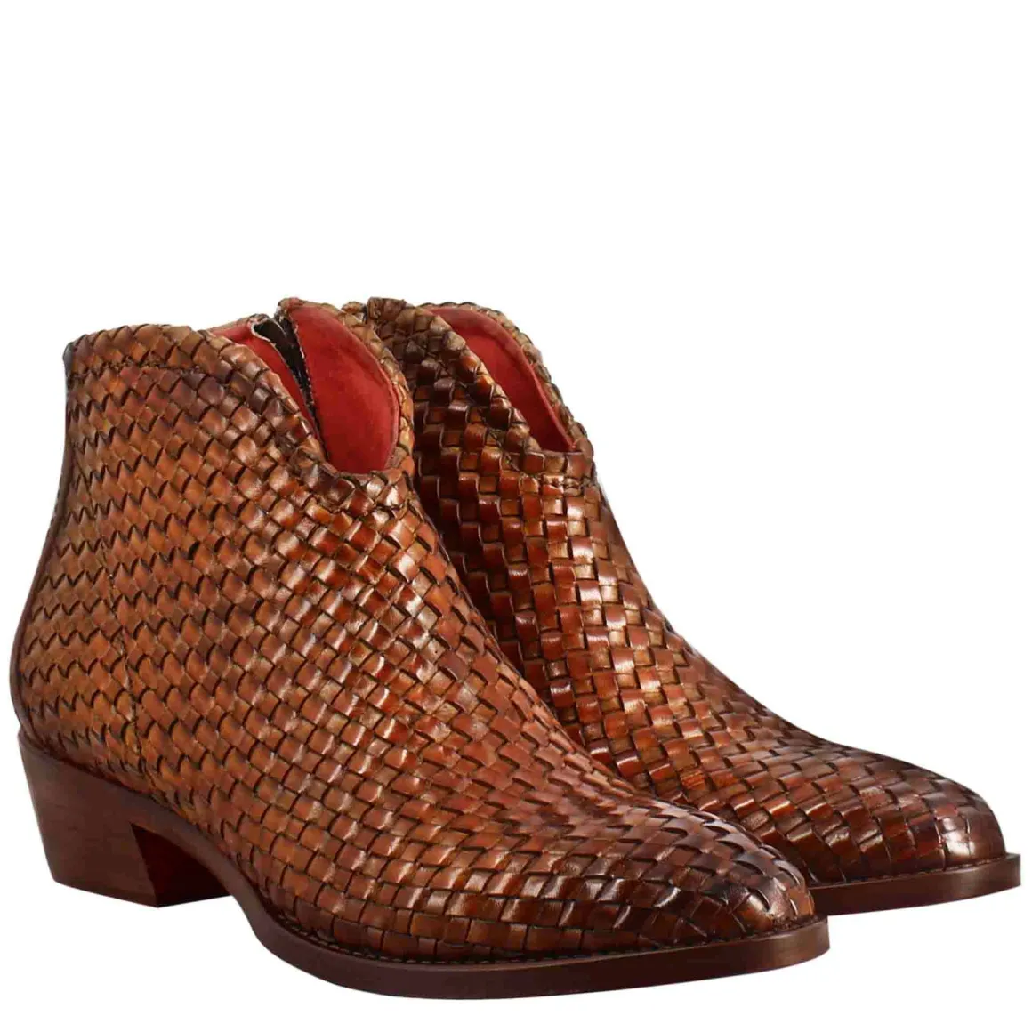 Stivaletto Da Donna Con Tacco Medio In Pelle Intrecciata Colore Marrone Chiaro