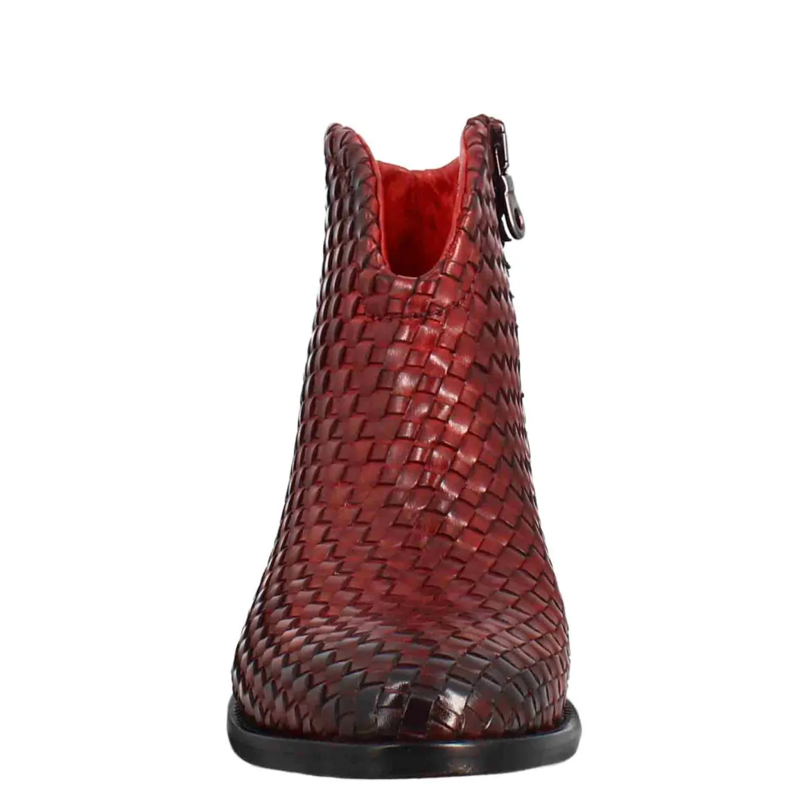 Stivaletto Da Donna In Pelle Intrecciata Con Tacco Medio Colore Rosso