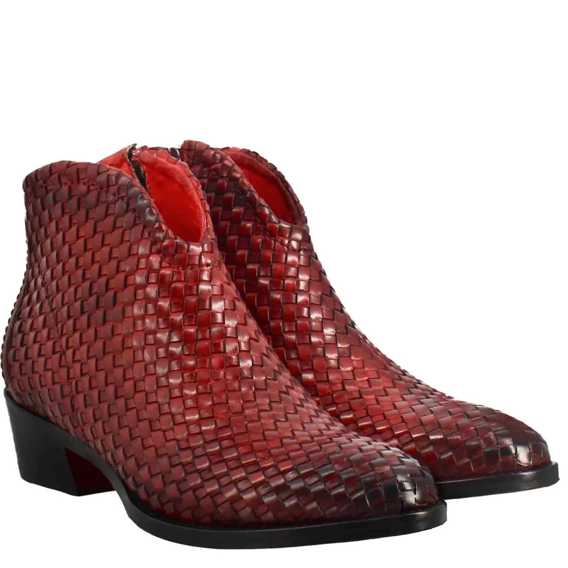 Stivaletto Da Donna In Pelle Intrecciata Con Tacco Medio Colore Rosso