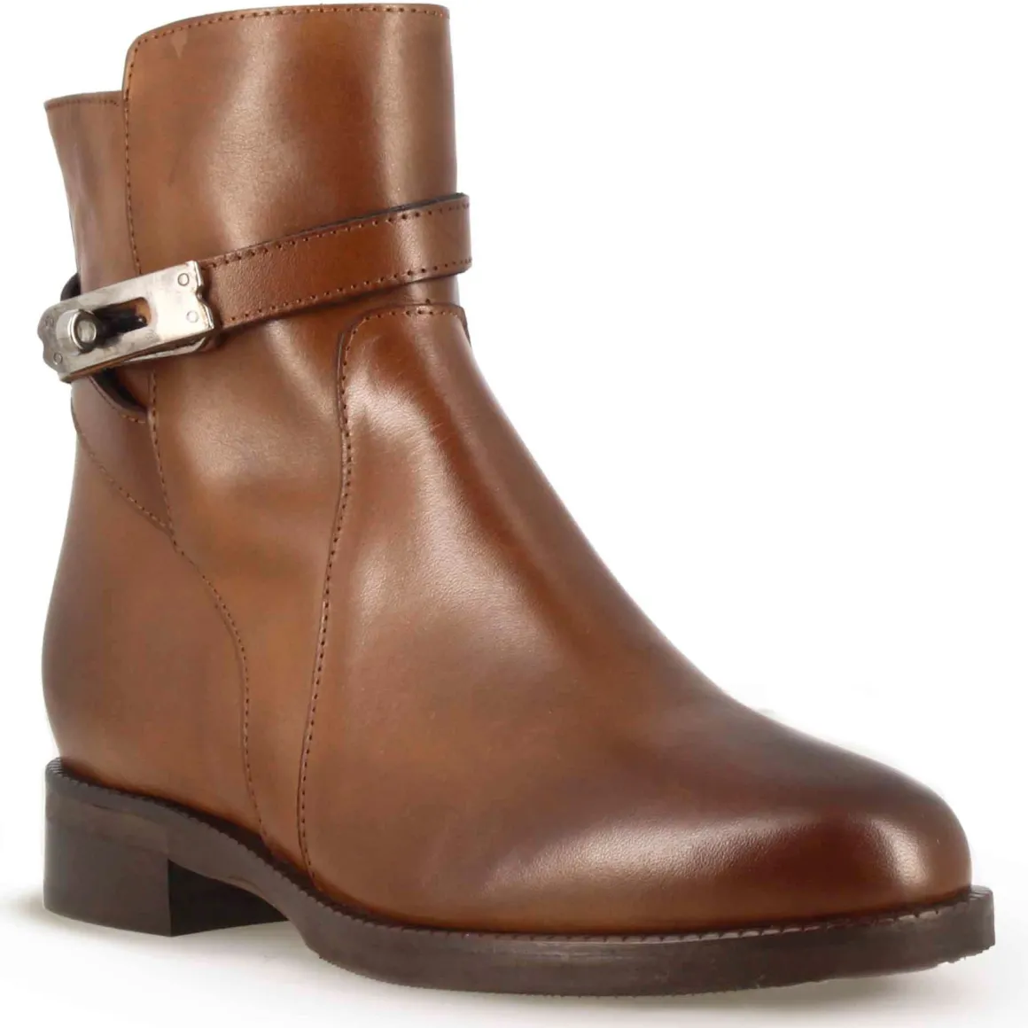 Stivaletto Da Donna In Pelle Colore Marrone Con Fibbia Decorativa Alla Caviglia