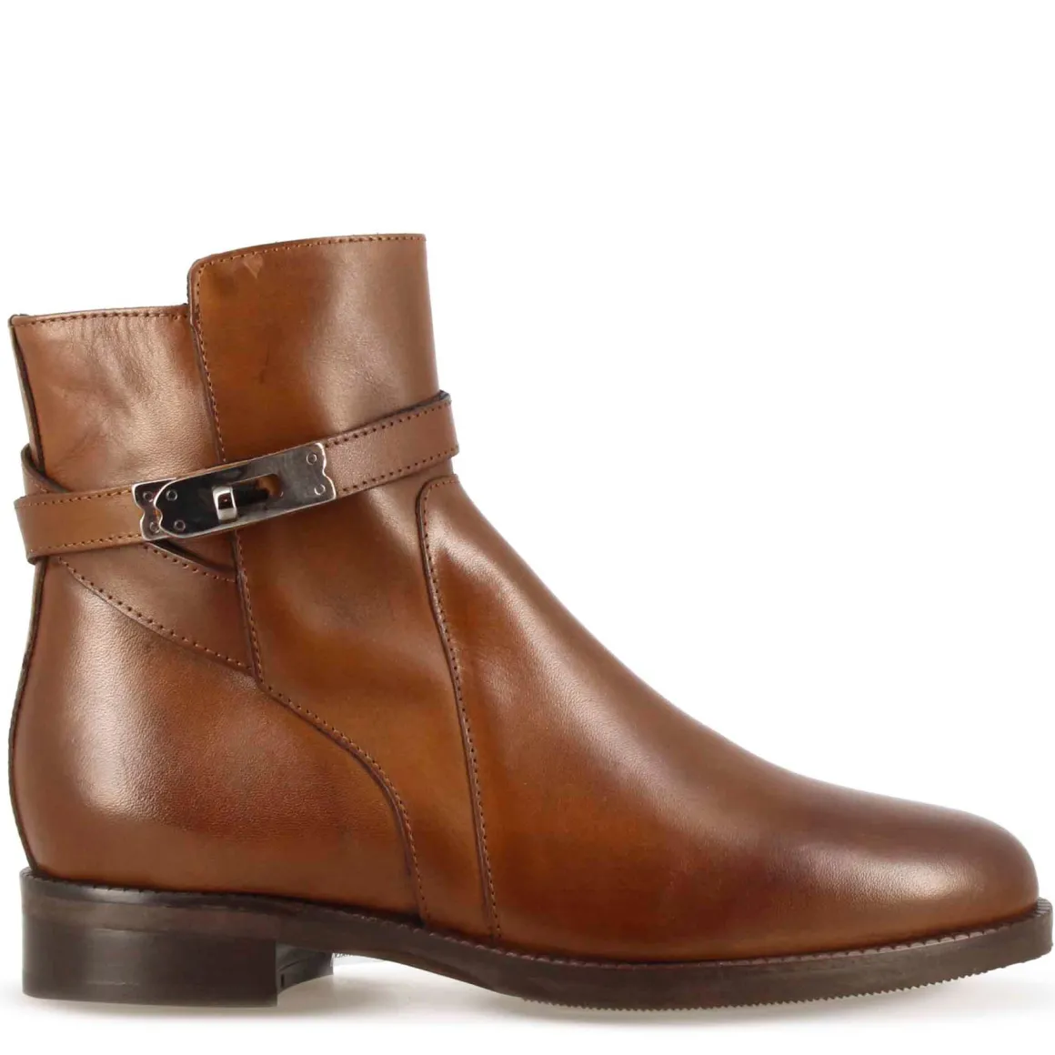 Stivaletto Da Donna In Pelle Colore Marrone Con Fibbia Decorativa Alla Caviglia