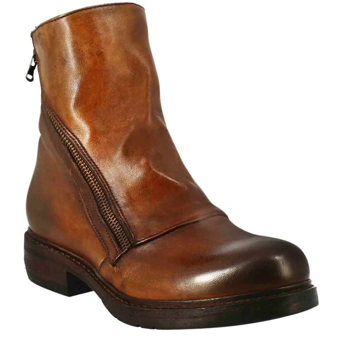 Stivaletto Da Donna In Pelle Lavata Colore Cuoio Scuro Con Doppia Zip