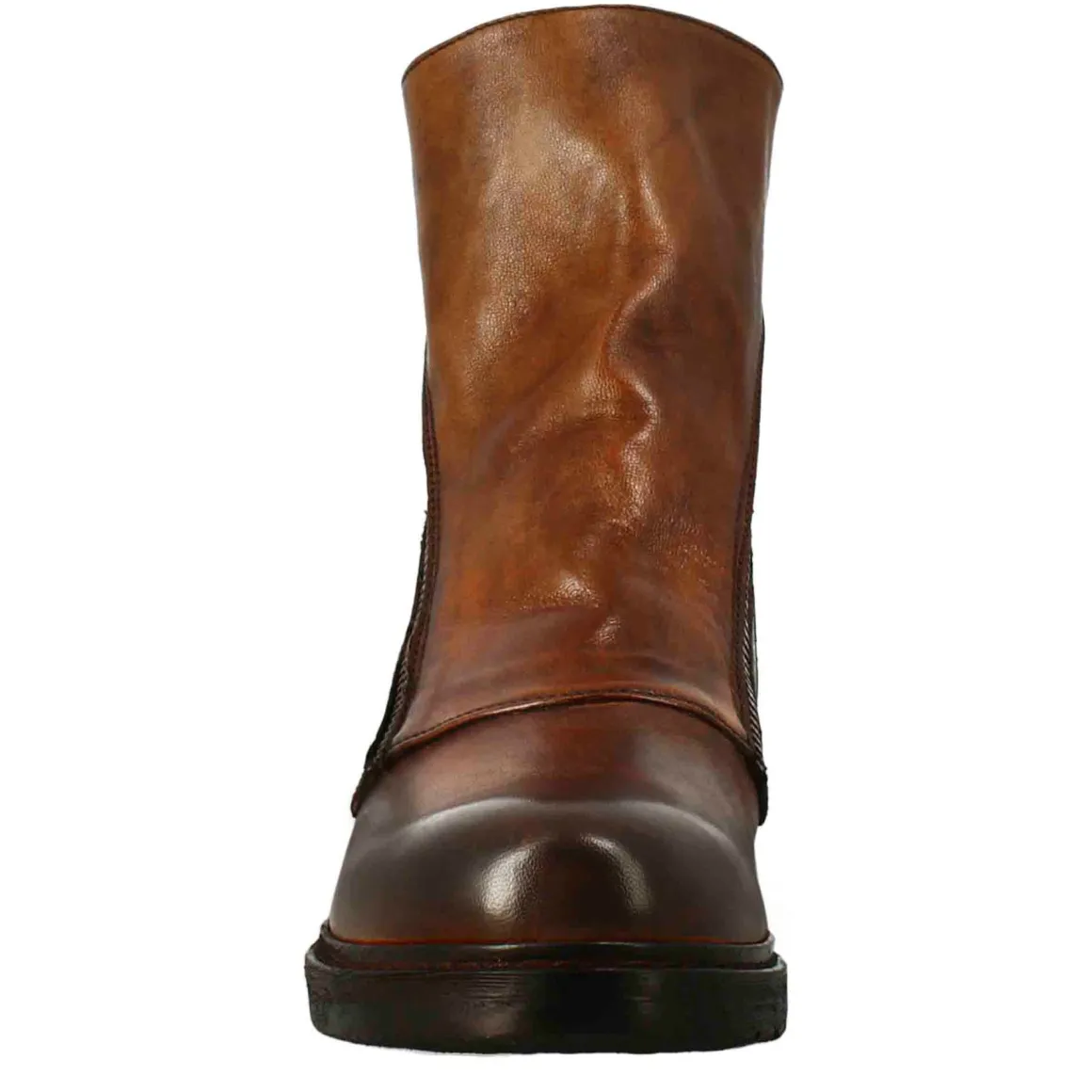 Stivaletto Da Donna In Pelle Lavata Colore Cuoio Scuro Con Doppia Zip
