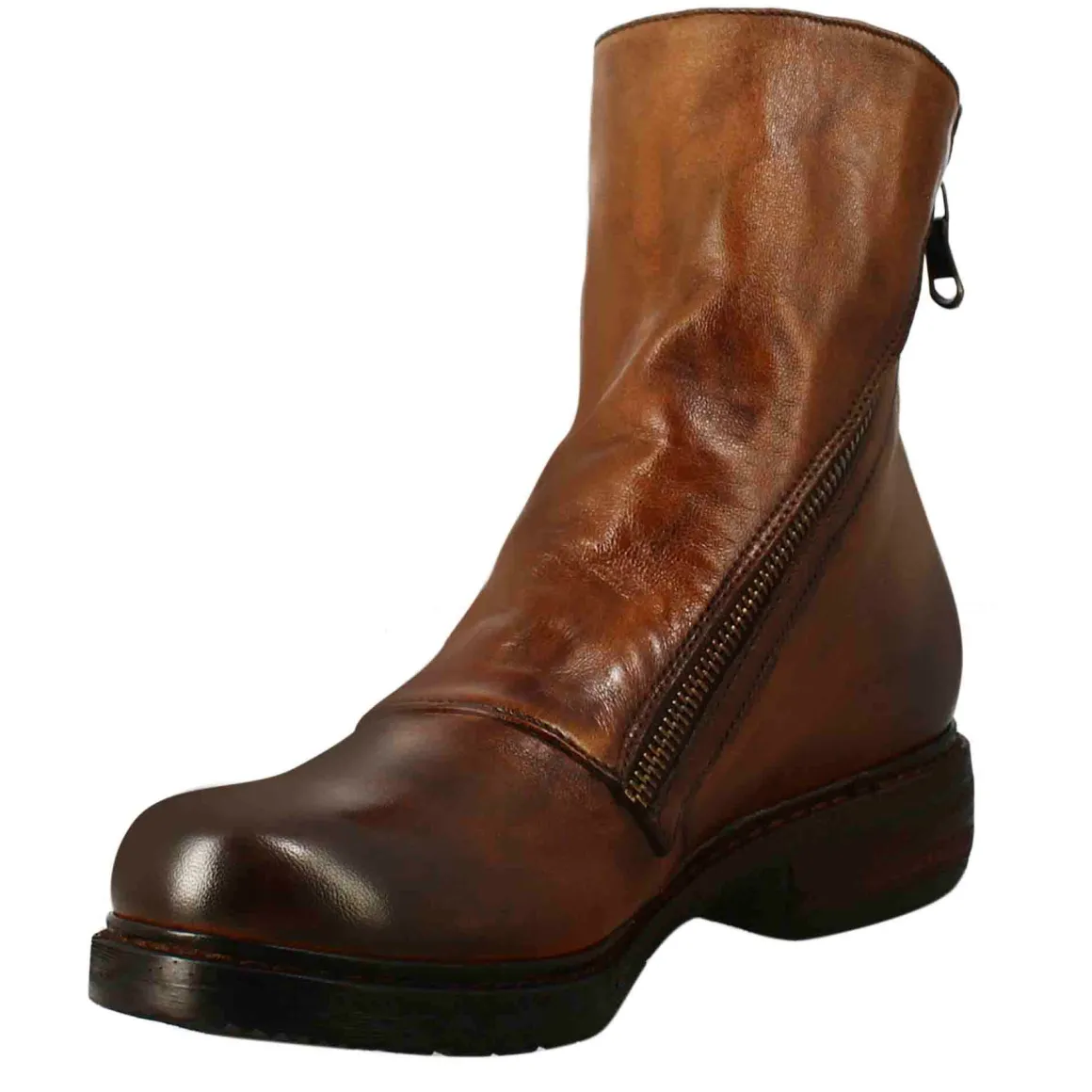 Stivaletto Da Donna In Pelle Lavata Colore Cuoio Scuro Con Doppia Zip