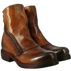 Stivaletto Da Donna In Pelle Lavata Colore Cuoio Scuro Con Doppia Zip