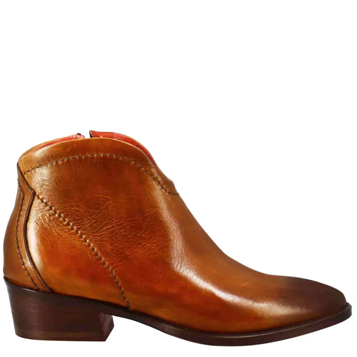 Stivaletto Da Donna Liscio Con Tacco Medio In Pelle Colore Marrone Chiaro