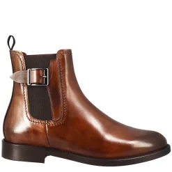 Stivaletto Da Donna Liscio Con Tacco Basso In Pelle Liscia Colore Marrone Chiaro Con Fibbia Laterale
