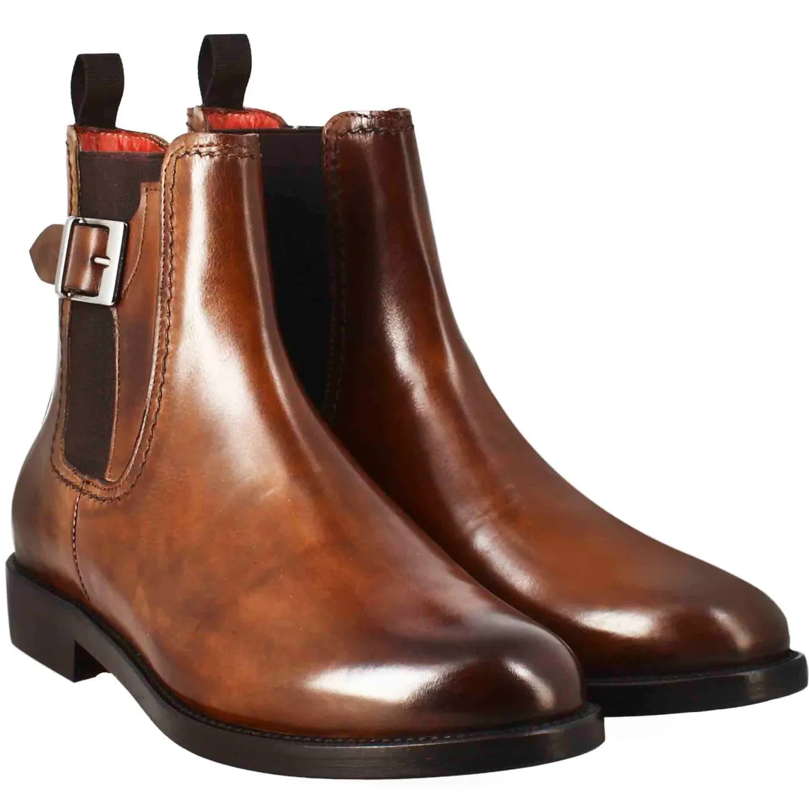 Stivaletto Da Donna Liscio Con Tacco Basso In Pelle Liscia Colore Marrone Chiaro Con Fibbia Laterale