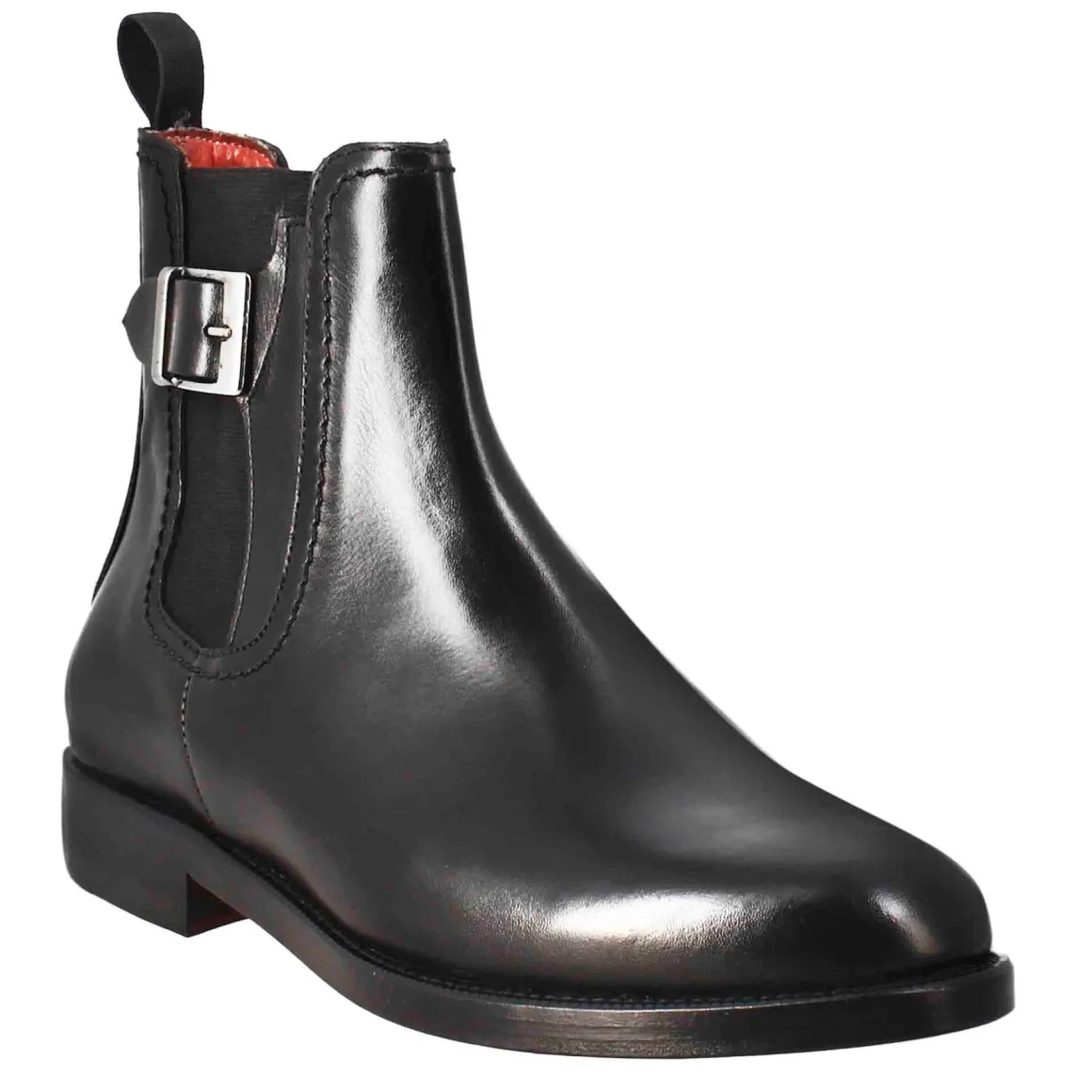 Stivaletto Da Donna Liscio Con Tacco Basso In Pelle Liscia Colore Nero Con Fibbia Laterale