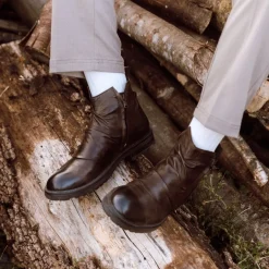 Stivaletto Da Uomo Con Arricciatura In Pelle Colore Marrone Scuro