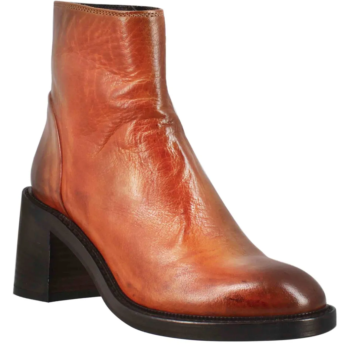 Stivaletto Diver Basso Da Donna Con Tacco In Pelle Lavata Colore Cuoio Scuro