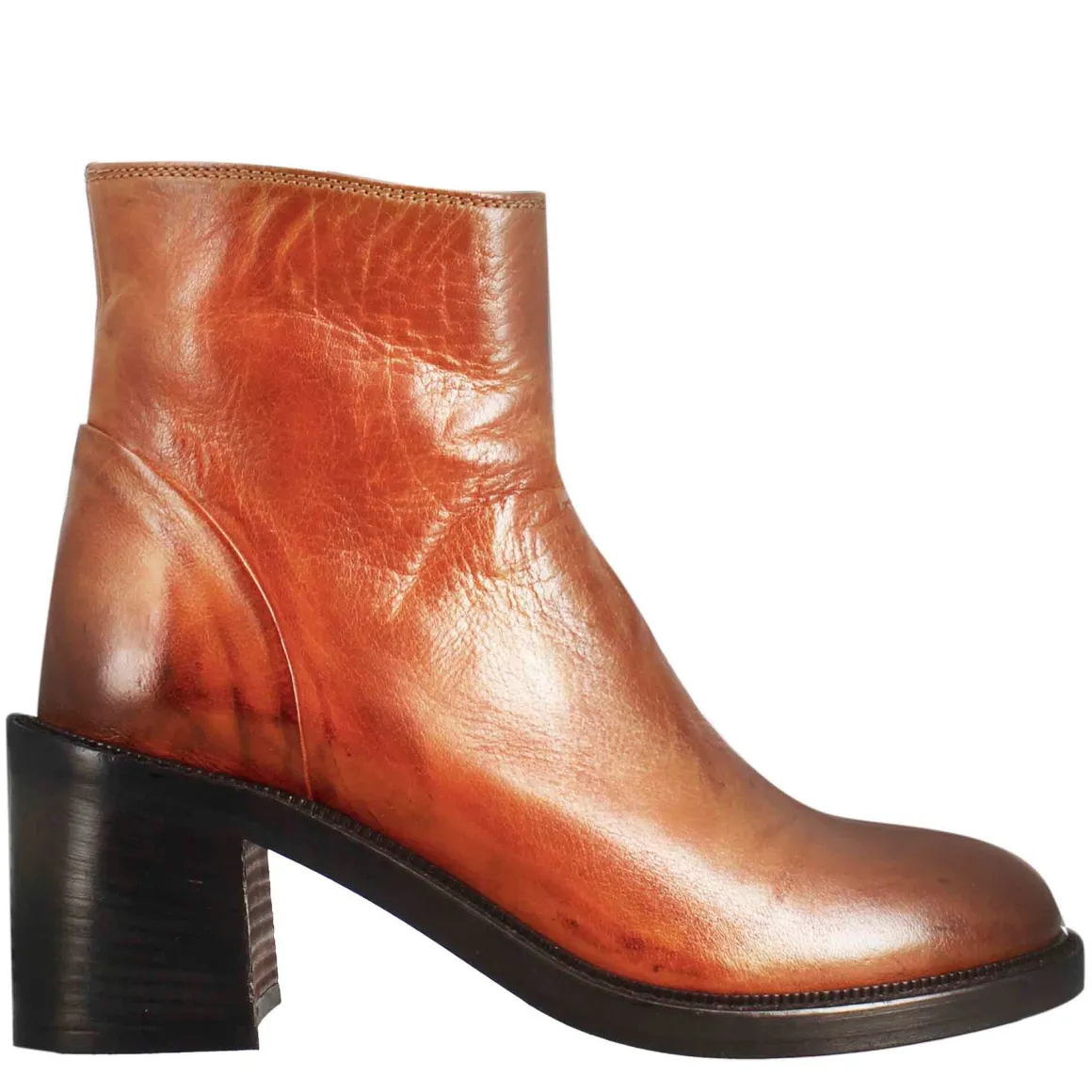 Stivaletto Diver Basso Da Donna Con Tacco In Pelle Lavata Colore Cuoio Scuro