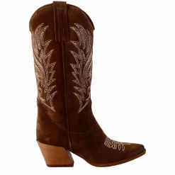 Stivaletto Texano Da Donna In Camoscio Color Cioccolato Con Ricamo