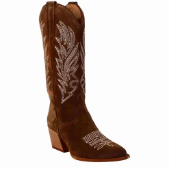 Stivaletto Texano Da Donna In Camoscio Color Cioccolato Con Ricamo