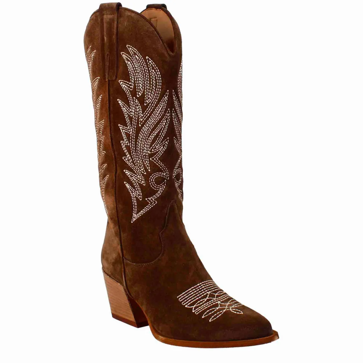Stivaletto Texano Da Donna In Camoscio Color Cioccolato Con Ricamo