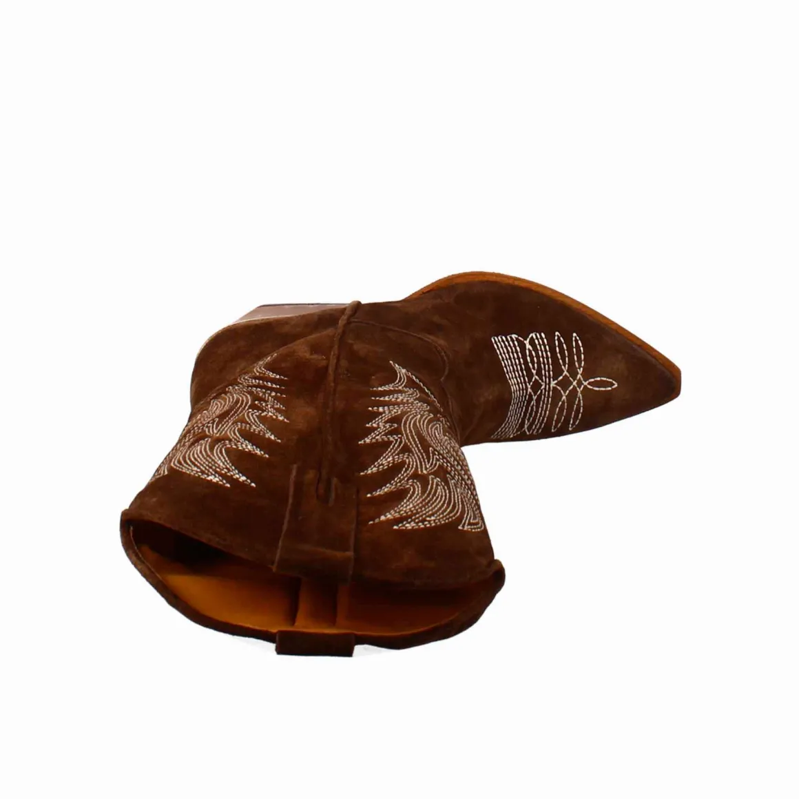 Stivaletto Texano Da Donna In Camoscio Color Cioccolato Con Ricamo