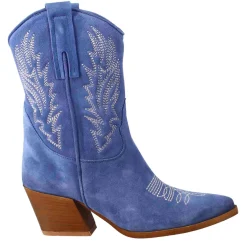 Stivaletto Texano Da Donna In Camoscio, Color Azzurro Con Ricamo.