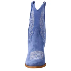 Stivaletto Texano Da Donna In Camoscio, Color Azzurro Con Ricamo.