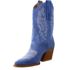 Stivaletto Texano Da Donna In Camoscio, Color Azzurro Con Ricamo.
