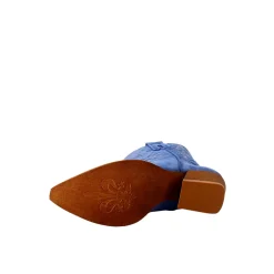Stivaletto Texano Da Donna In Camoscio, Color Azzurro Con Ricamo.