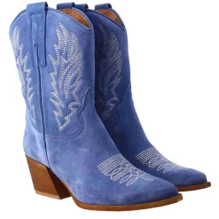 Stivaletto Texano Da Donna In Camoscio, Color Azzurro Con Ricamo.
