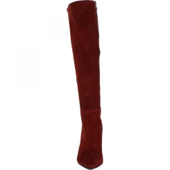 Stivali Al Ginocchio A Punta Con Tacco A Spillo Da Donna Fatti A Mano In Pelle Di Camoscio Bordeaux