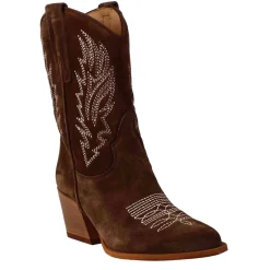 Stivali Texani Bassi Da Donna In Camoscio Marrone Scuro Con Ricami.