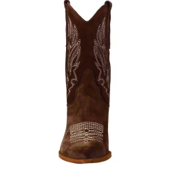 Stivali Texani Bassi Da Donna In Camoscio Marrone Scuro Con Ricami.
