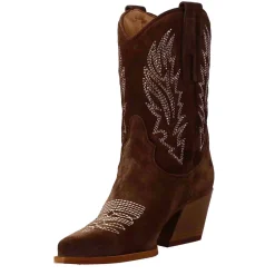 Stivali Texani Bassi Da Donna In Camoscio Marrone Scuro Con Ricami.