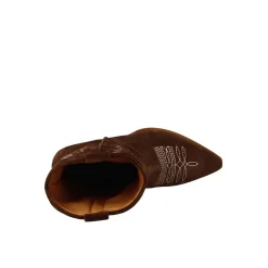Stivali Texani Bassi Da Donna In Camoscio Marrone Scuro Con Ricami.