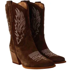Stivali Texani Bassi Da Donna In Camoscio Marrone Scuro Con Ricami.