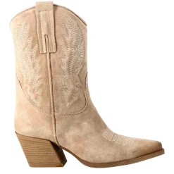 Stivali Texani Bassi Da Donna In Camoscio Beige Con Ricami.