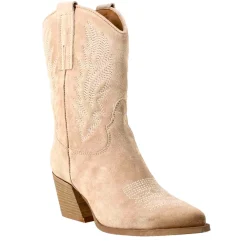 Stivali Texani Bassi Da Donna In Camoscio Beige Con Ricami.