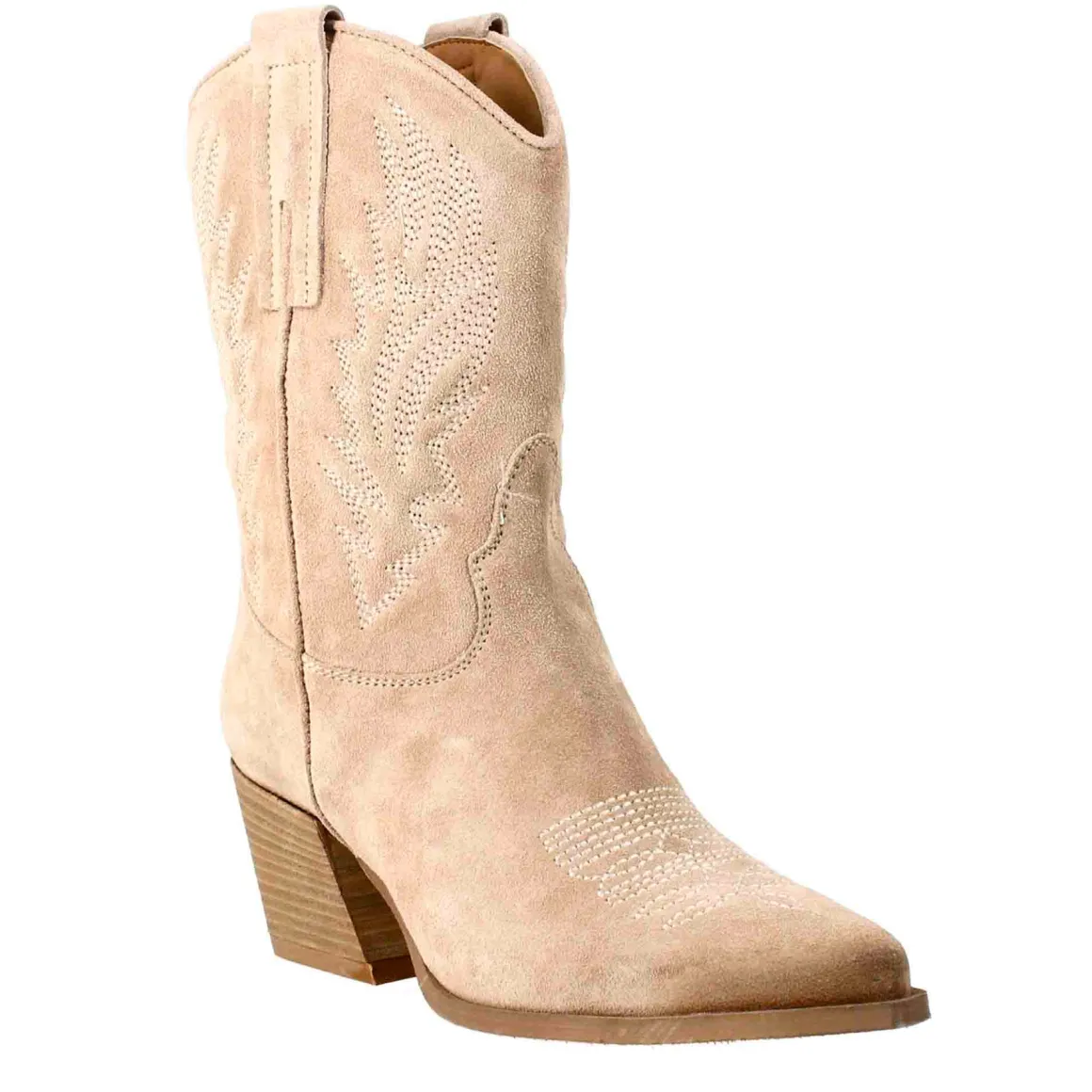 Stivali Texani Bassi Da Donna In Camoscio Beige Con Ricami.